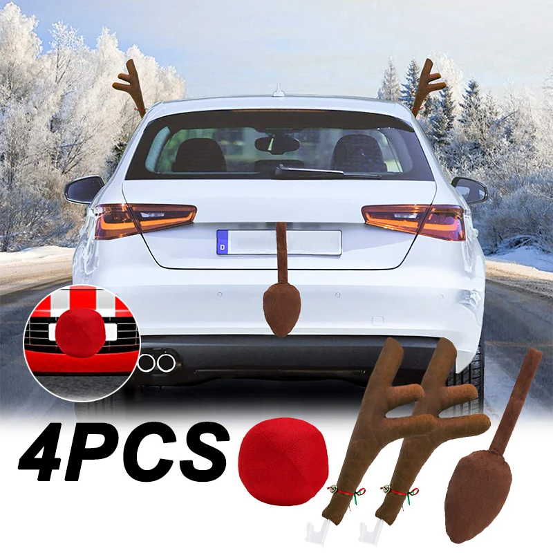 4Pcs Car Christmas Decoration Set LED Reindeer Horn Lamp Nose Light Rudolph Reindeer Antlers Red Nose Ornaments Car Accessories