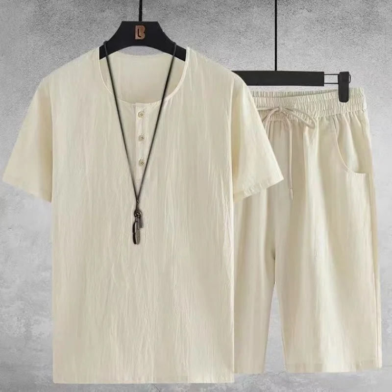 Juspinice ชุดสูทกีฬาของผู้ชายเสื้อยืดแขนสั้นผ้าคอตตอนและลินินทรงหลวมขากว้างชุดสองชิ้นย้อนยุค