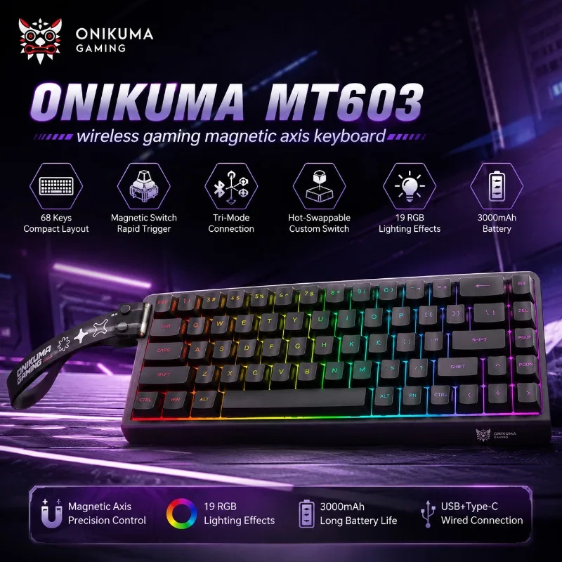 ONIKUMA MT603 Gaming Keyboard 68 Keys Magnetic Switch Wireless Hot Swappable 19 RGB Lighting Effects 3000mAh Battery USB Type C
