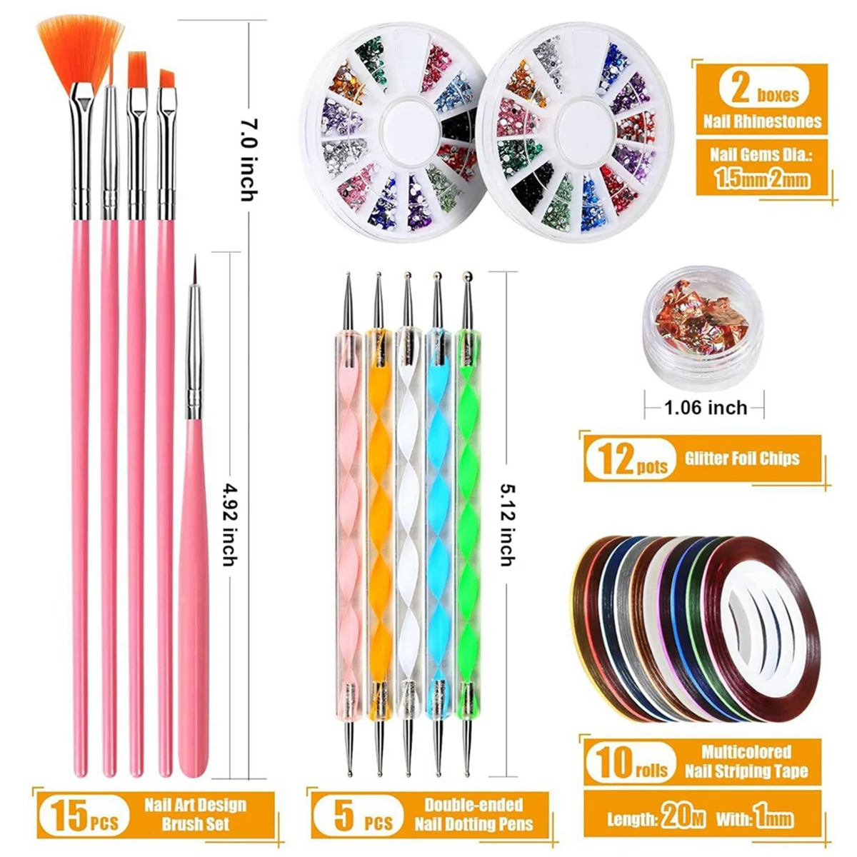 Herramienta para decoración de uñas con pinceles para pintar uñas, herramienta para puntear uñas, lámina para uñas, cinta para manicura, diamantes de imitación para uñas