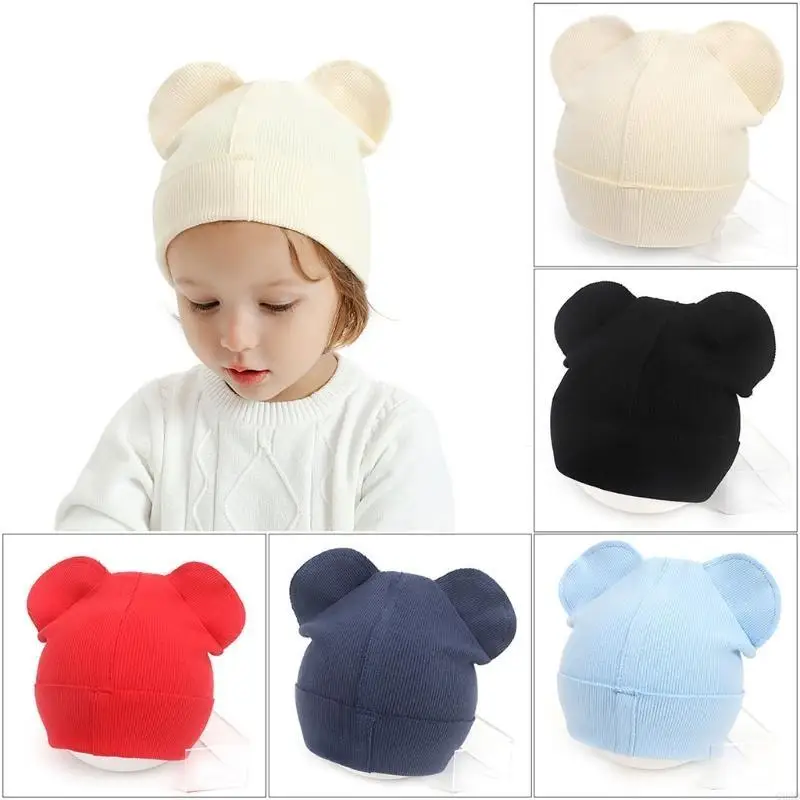 

Q22D Baby Knitted Anti-scratching Gloves Bear Ear Hat Set Soft Cotton Mittens Beanie Cap for Infant Newborn