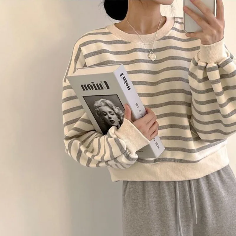 Spring Sweatshirts Women Street Korean Style Fashion All-match Casual Basic BF Long Sleeve Vintage Striped Lightweight O-neck