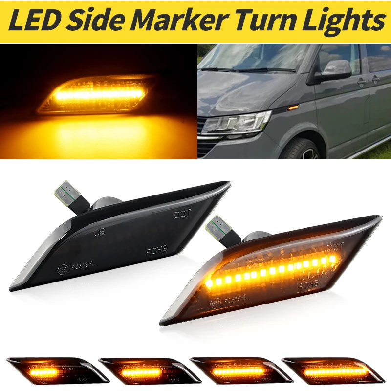 

2x динамические дымчатые линзы, светодиодные боковые габаритные огни, поворотник для VW Transporter T6 2020 2021-up, боковой индикатор OEM # : 7LA949101