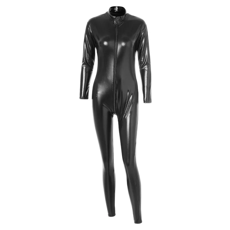 Woman Sexy Open Crotch Leather Leggings with Hidden Zippers Full Body PU Bodysuits Crotchless Lingerie Cosplay Erotic Costume