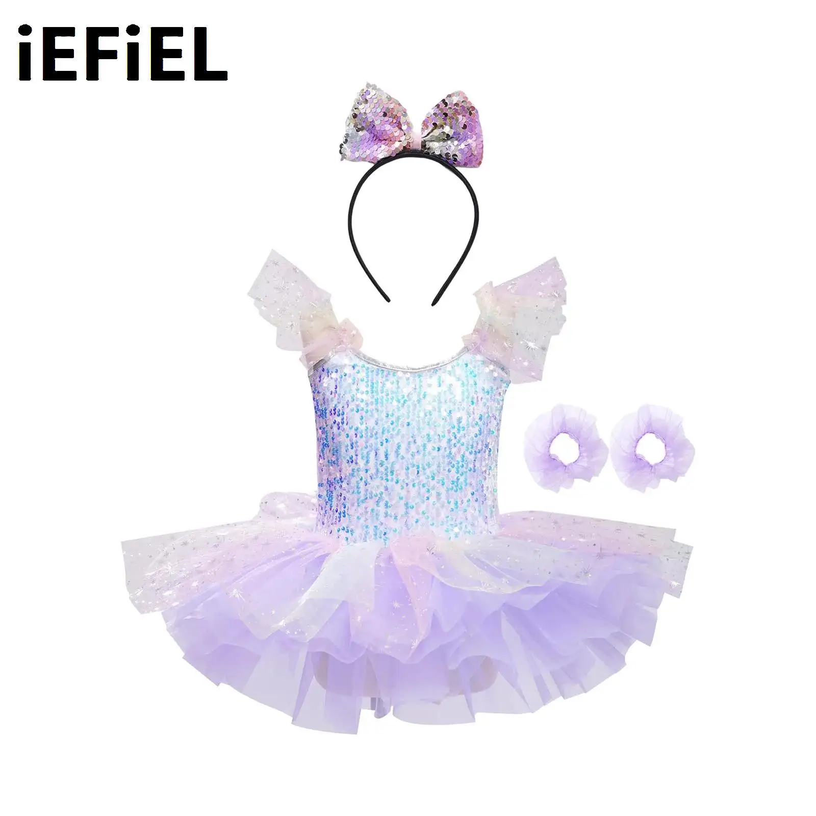 

Kids Girls Glittery Sequins Tutu Dress Birthday Party Dance Dress with Bowknot Hairband And Tulle Wristbands