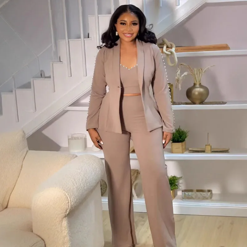 

Elegant Workwear 3 Piece Sets Womens Outfits Pearl Long Sleeve Blazer Coat+Vest+ Pant Suits Office Lady Business Matching Sets