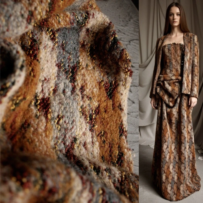 

Flower Brown Wool Knitted Woolen Fabric Autumn Winter Vintage Sweater Clothing Designer Fabrics Cloth for Diy Sewing