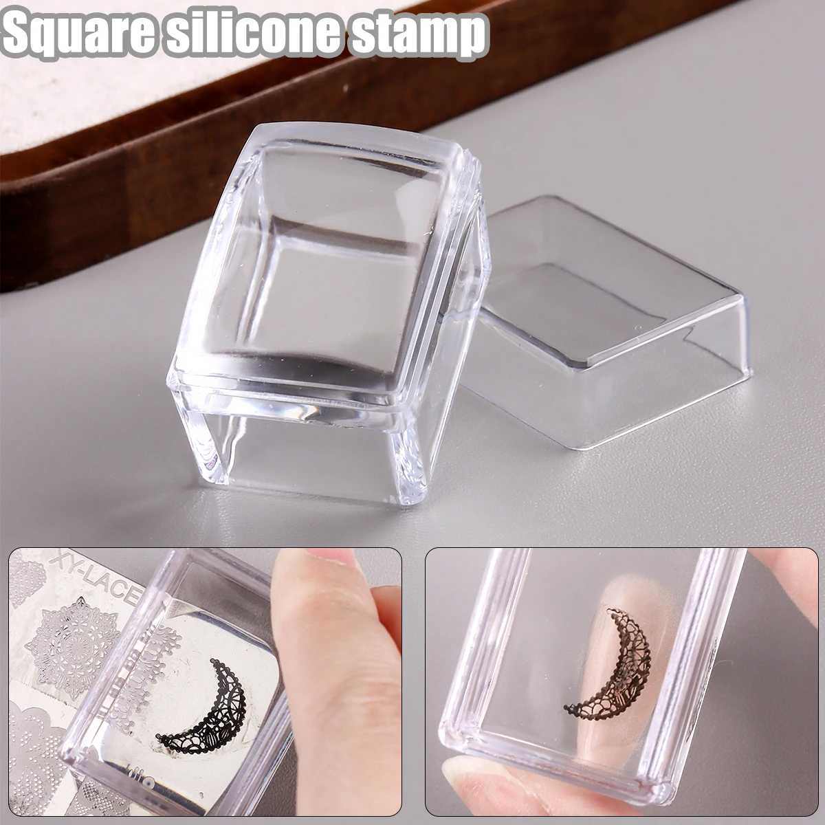 Quadratisches, durchsichtiges Silikon-Nagelstempelset, alkoholreinigbar, geeignet für große Platten, inklusive Schaber und Ersatzstempelköpfen – Detail 4