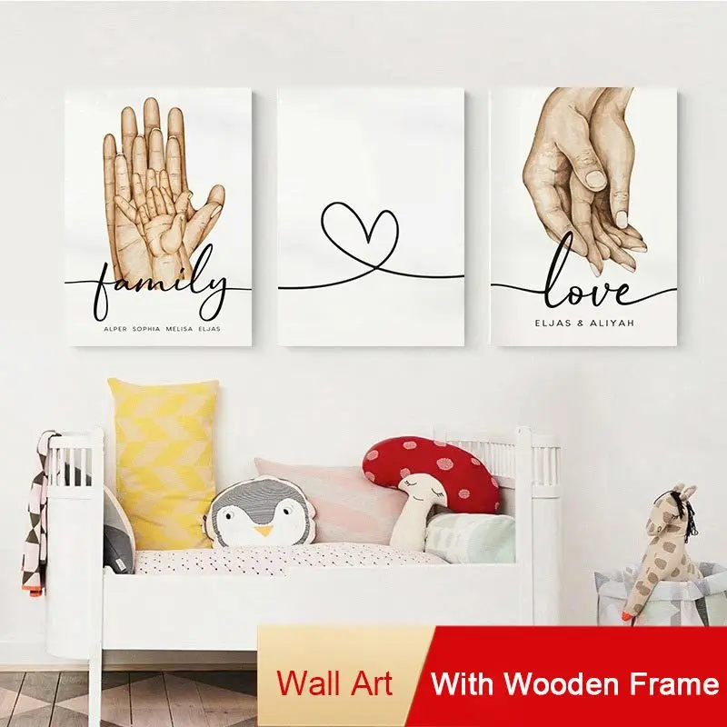 

Семейные постеры с рамкой, держащей руки и любящее сердце, холщовая картина, скандинавские минималистичные настенные художественные картины для домашнего декора