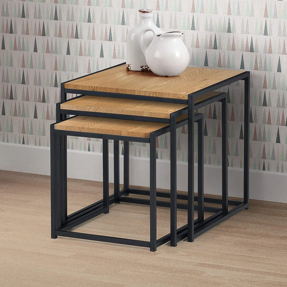 Modern Living Room Stackable square Wooden Table Top C-shaped End Table 3 in 1 Nesting Coffee Table Set With Metal Frame