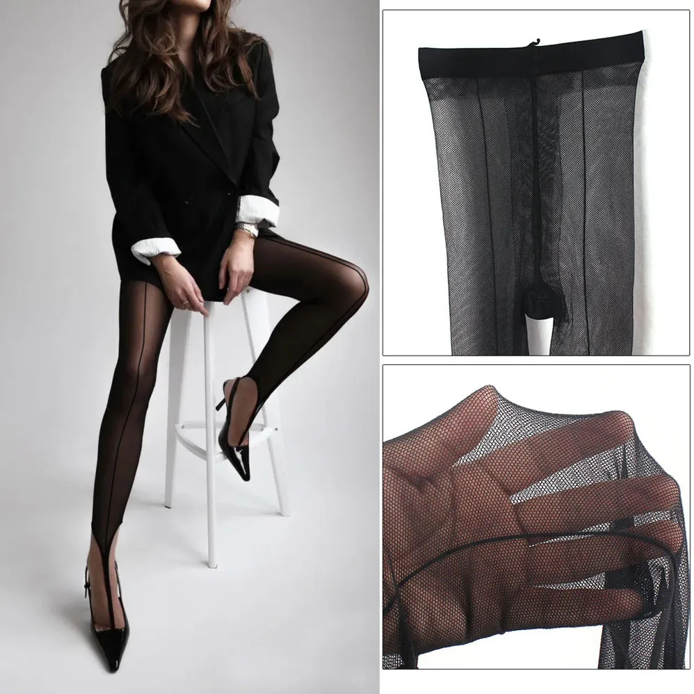 مثير شير الأسود جوارب شبكية مفتوحة المنشعب خط عمودي شريط جوارب طويلة Ins نمط الرغبة النقية رقيقة مثير الساقين النساء الناضجة