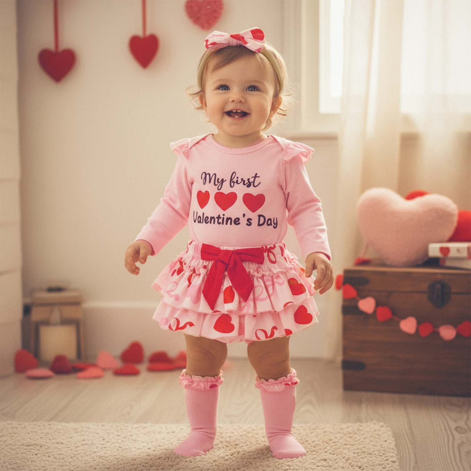 

Комплект одежды Blotona для маленьких девочек на День святого Валентина, комбинезон с длинными рукавами и буквами, шорты с бантом и повязкой на голову, носки