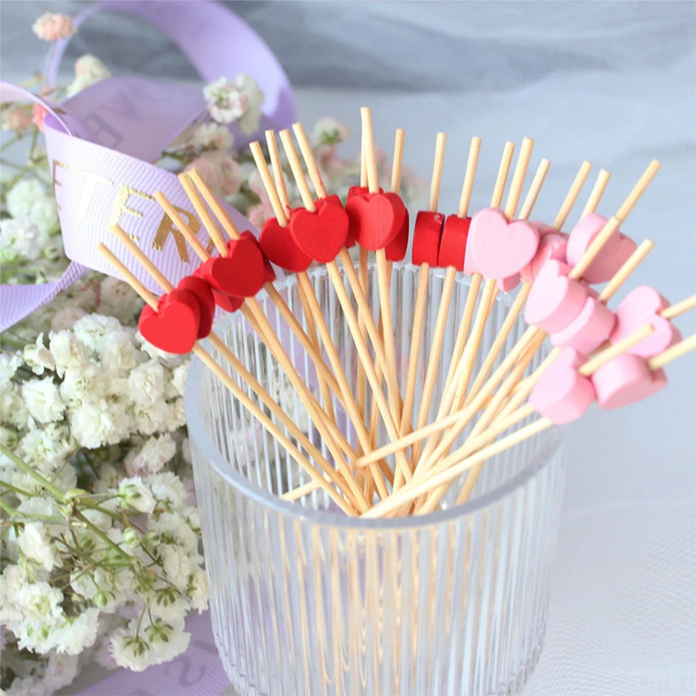 100 Stück rot rosa Herz Bambus Pick Buffet Cupcake Obst Gabel Dessert Cocktail für Valentinstag Party Supplies – Detail 3