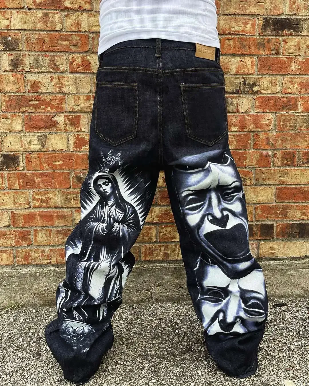 Hip Hop High street Print Leisure Denim Pants Beautiful Y2k Vintage Gothic Fashion Embroidered Leg Wide Leg Jeans Men Clothing