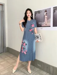 Miyake Pleated Dress Women 2024 Summer New Loose Design Fashionable Printed Round Neck Short Sleeves Mid-length Elegant Dresses