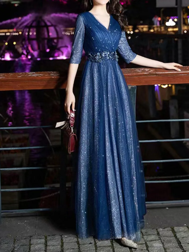 Customized Temperament Glitter V-Neck Evening Dress Elegant Applique Slim Waist Women A-Line Formal Occasion Dress 2024 New Vest