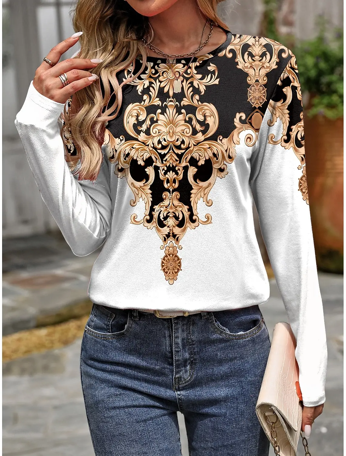 Women's Swearshirt 3D Print Ethnic Floral Graphic Daily Fashion Casual Long Sleeve T-Shirts Crew Neck Black Spring Fall Tops