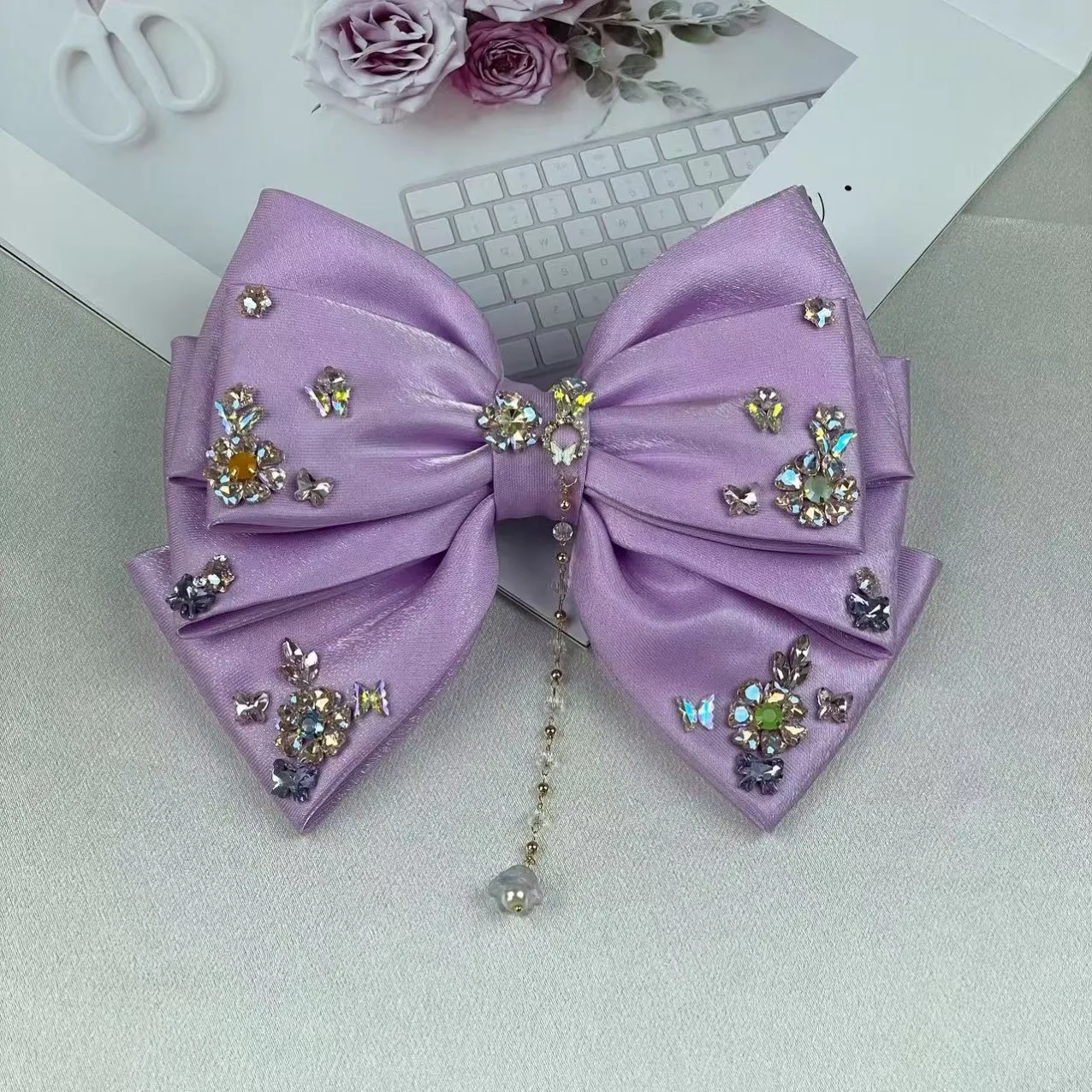 

High-End Heavy-Duty Three-Layer Satin Fairy Bow Exquisite Hot Diamond Tassel Hair Accessory