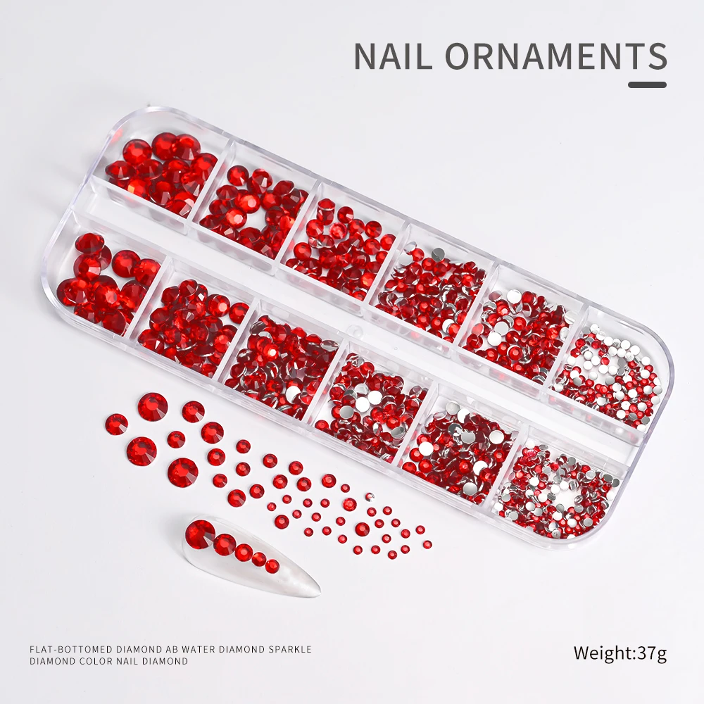 1000+ szt. Walentynkowe czerwone luksusowe cyrkonie do zdobienia paznokci SS4-SS16 okrągłe czerwone błyszczące diamenty do paznokci z aplikatorem do manicure, kryształki