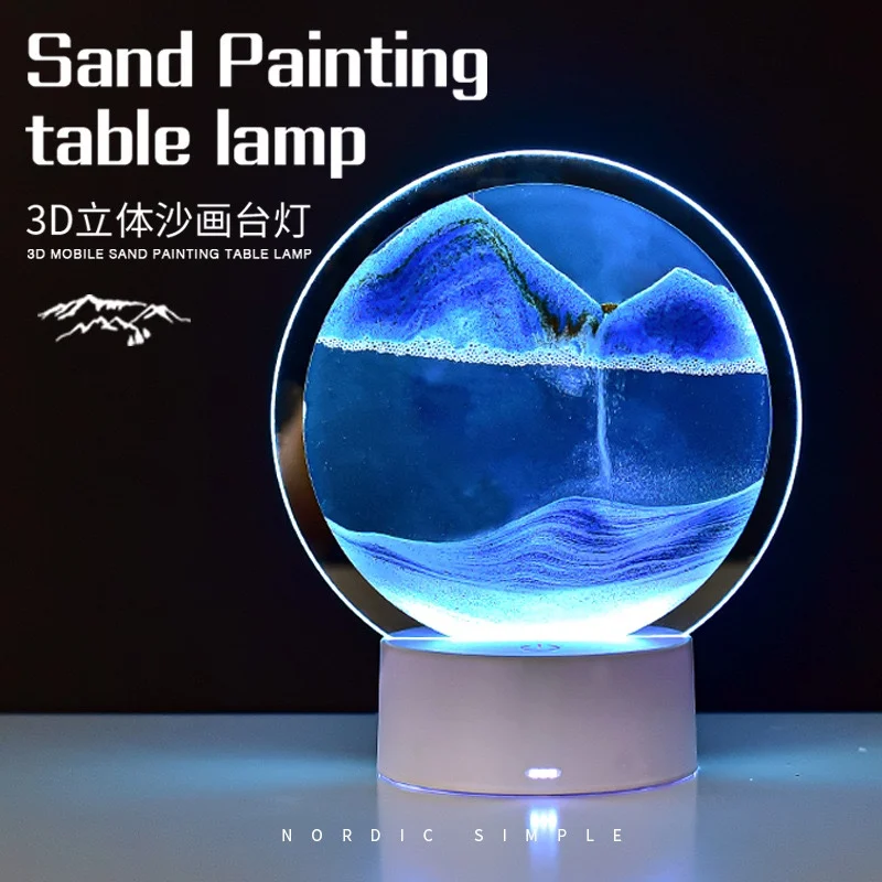 LED Moving Sand Art Table Lamp with 7 Color USB Quicksand Night Light 3D Sandscape Hourglass Bedside Lamps Home Decor Gift