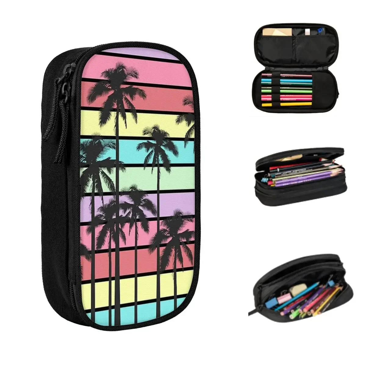 

Colorful Summer Stripes With Tropical Palm Trees Pencil Cases Large Storage Pen Bags Pen Box Pencil Pouch For Stationery School