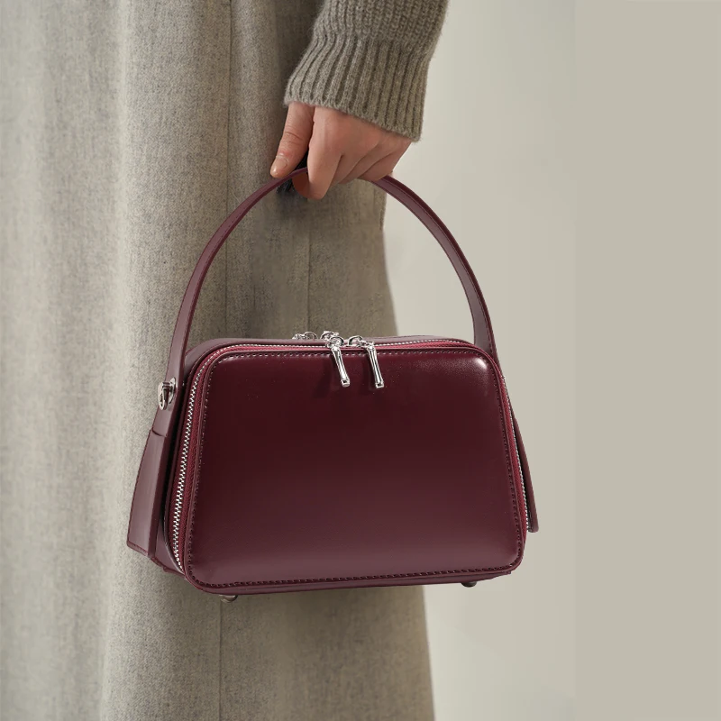 Brown Split Leather Mini Tote  Womens Smooth Cowhide Bag with Dual Zipper & Interior Pocket, Perfect for Daily Use