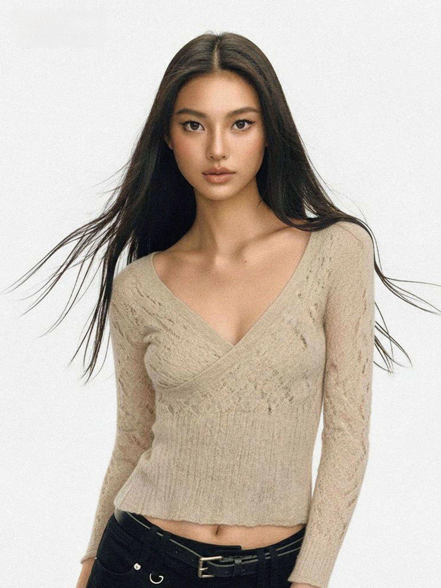 

Винтажный вязаный топ WAEW с V-образным вырезом, эффектом похудения, вырезами и застежкой на крючки, модный деловой свитер с длинными рукавами