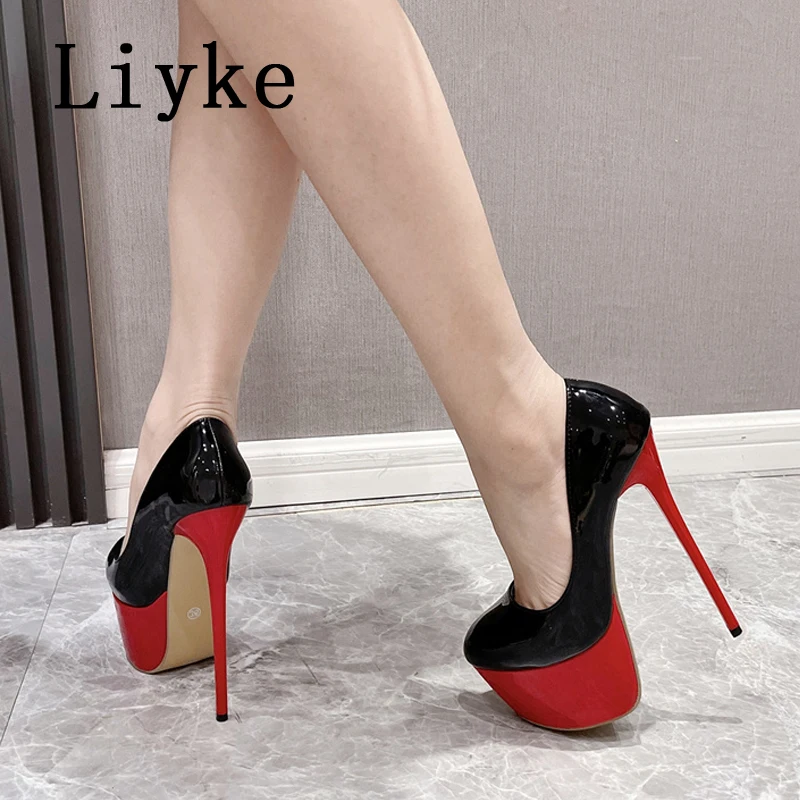 Liyke Classics Black Red High Heels For Women Sexy Shallow Round Toe Slingback Platform Pumps Wedding Banquet Shoes Stilettos