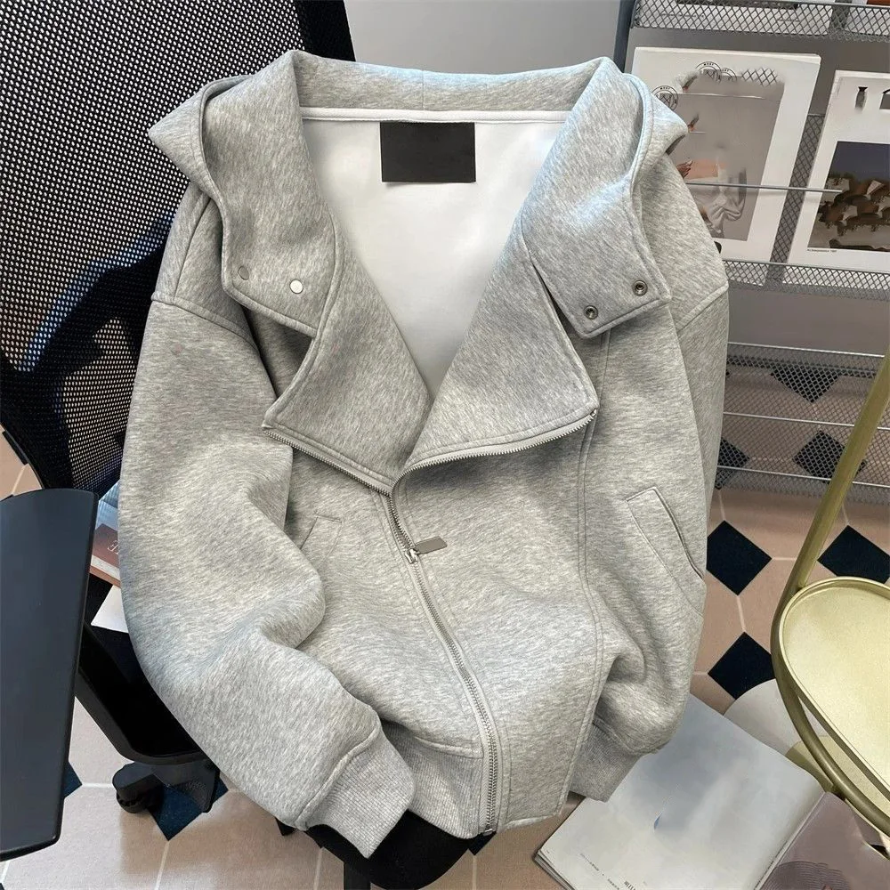 American Retro Y2K High Street Oversized Fashion Design Irregular Zipper Hoodie Autumn Loose Long Sleeve Hooded Cardigan Jacket