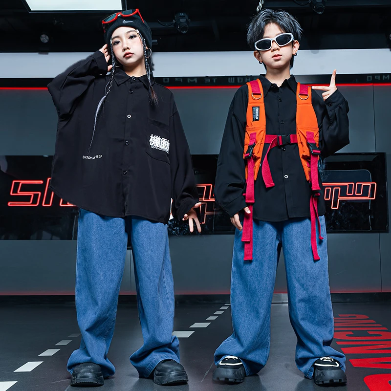 Kids Kpop Hip Hop Clothing Oversizes Sweatshirt Tops Casual Baggy Denim Pants for Girls Boys Jazz Street Dance Costume Clothes