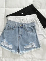 Women's Ripped High Waist Jeans Shorts, Casual Female Loose Denim Shorts, Wigh Leg, Summer, 2024