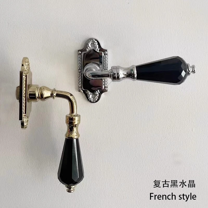 

Gold Brass Black Crystal Door Lock Vintage French Light Luxury Silent Narrow Side Door Handle Silver Medium Antique Lock