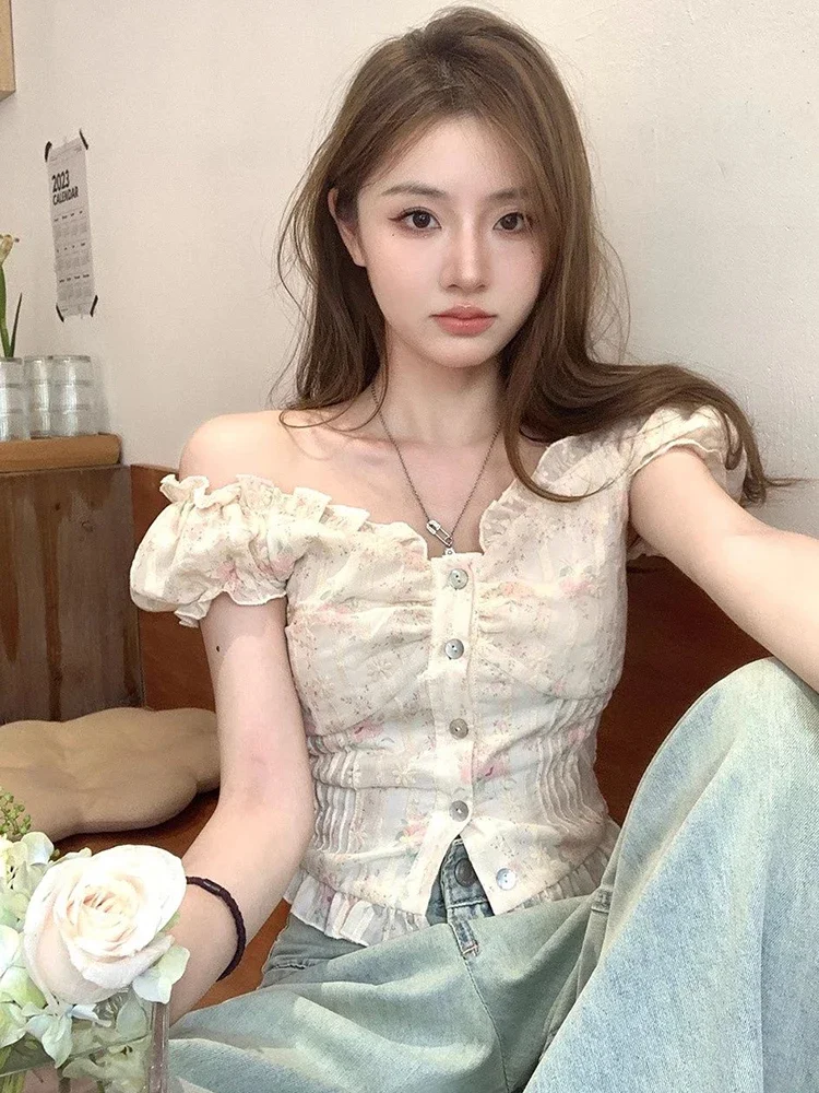 

Floral Sweet Cropped Shirt Women Summer Short Sleeve Slim Blouse Sexy V Neck Vintage Korean Elegant Female Casual Tops New