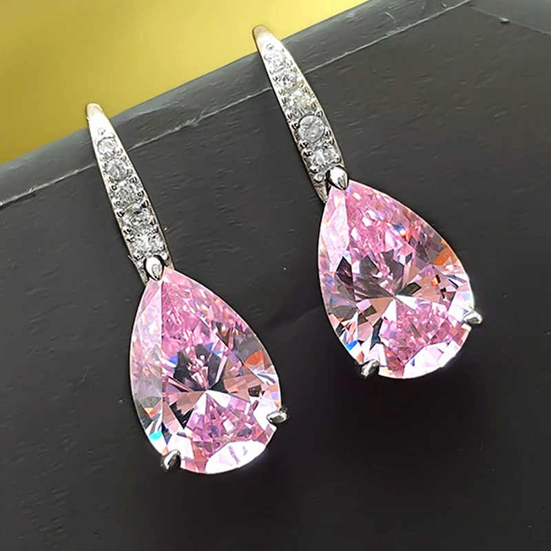 Huitan Pink/Yellow Pear Cubic Zirconia Earrings Women Silver Color Fashion Elegant Female Piercing Accessories Romantic Jewelry