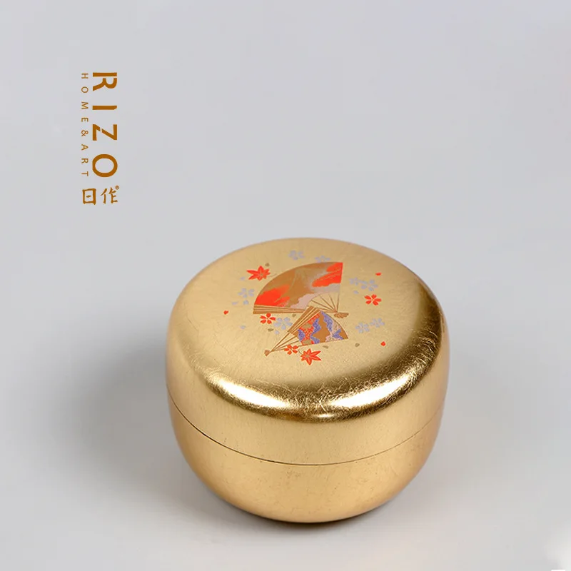 Japan Imported Yamanaka Shikki Lacquerware Gold Foil Fan Small Jewelry Box round Trinkets Ear Stud and Ring Storage Box