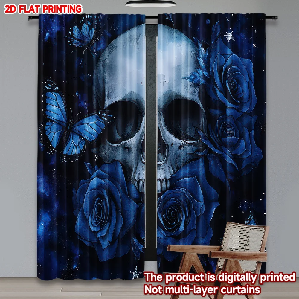 

2D flat printing 2pcs Window Curtains Moonlit Blue Roses and Butterflies Digital Printed Polyester Drapes Birthday Party Use for