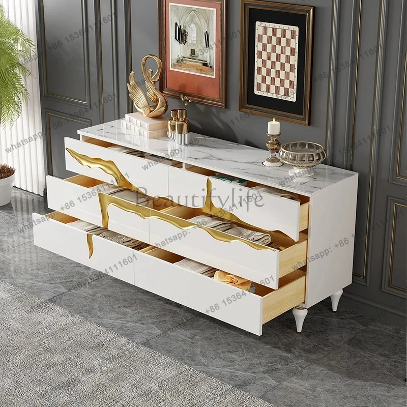 new Chinese chest cabinet solid wood rock slab six chest cabinet living room high-end marble chest