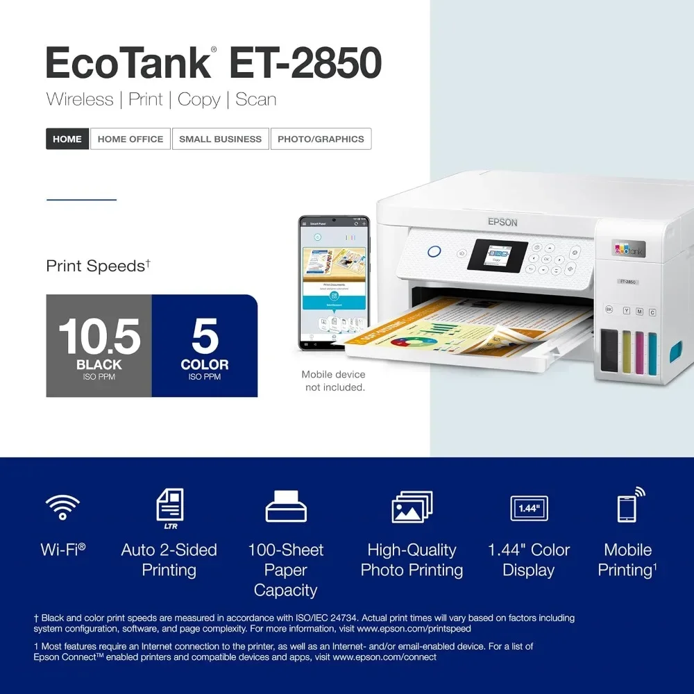 EcoTank ET-2850 Wireless Color All-in-One Supertank Inkjet Printer, White - Print Scan Copy - 10 ppm, 4800 x 1200 dpi