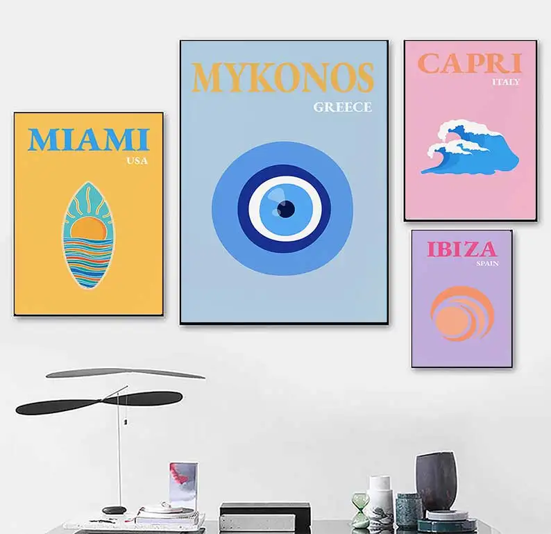 Miami beach ibiza capri bondi mykonos wall art canvas painting nordic posters and prints wall photos for living room decoration