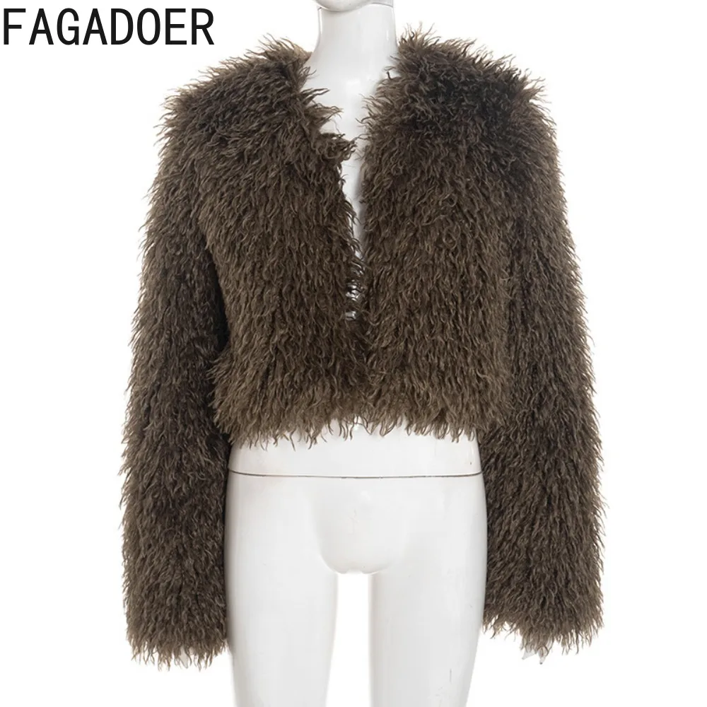 سترة نسائية شتوية جديدة من FAGADOER مُزينة بقطع القماش من الفرو بلون سادة وأكمام طويلة سترة ضيقة ملابس نسائية ملابس خروج 2025 #5