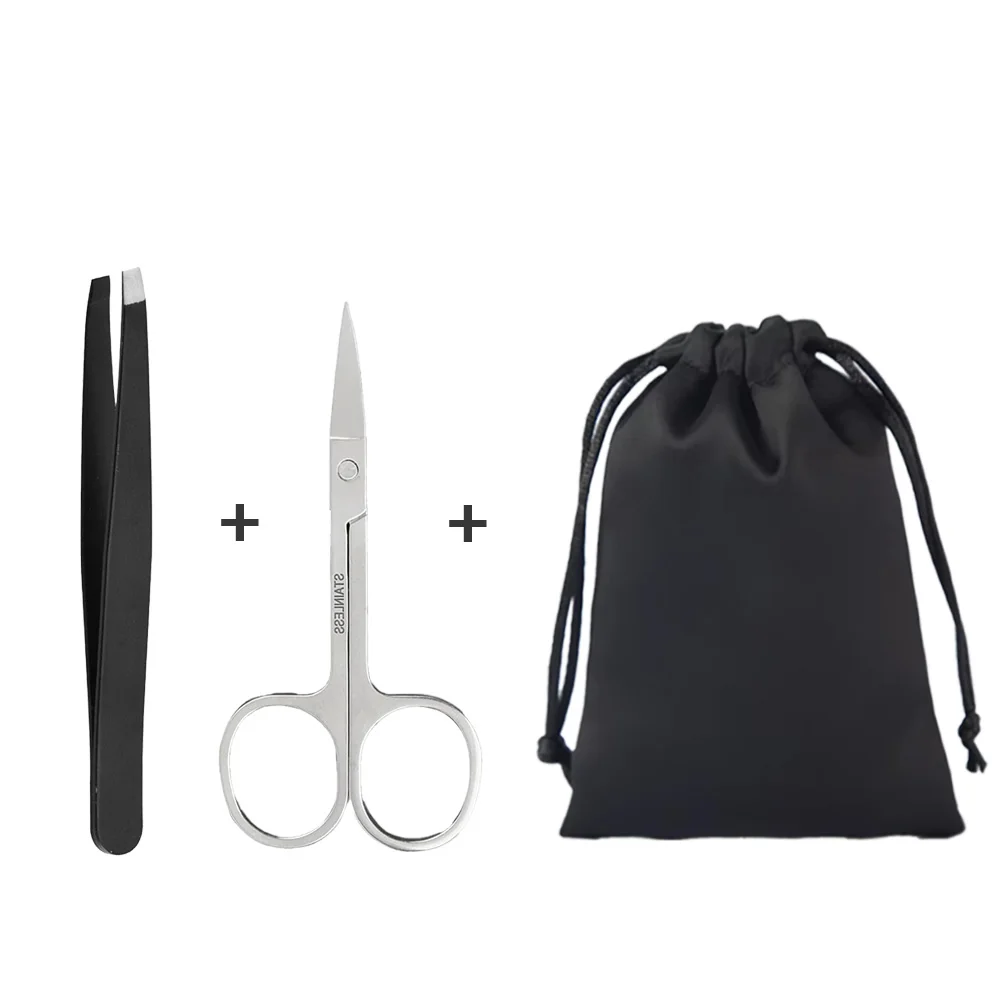 Zestaw pęset i nożyczek ze stali nierdzewnej z czarną torbą z tkaniny, skośne końcówki do przycinania brwi, do usuwania włosów z twarzy, nosa i zaskórników.