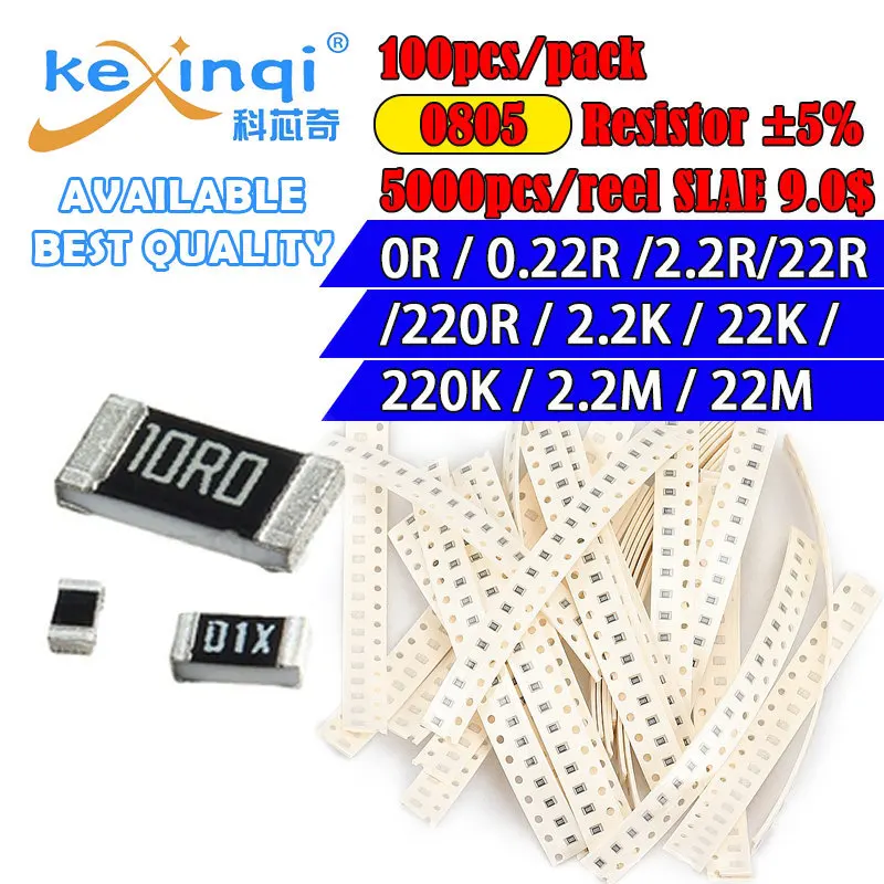 

100pcs/lot SMD 0805 Resistor 5% 1/8W resistance 0R Ohm 0.22R 2.2R 22R 220R 2.2K 22K 220K 2.2M 22M