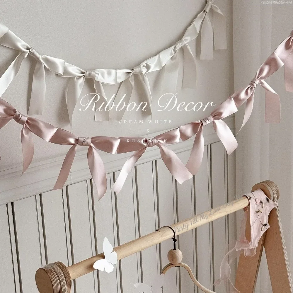 1.8M Pink White Blue Satin Bow Handmade Webbing Hanging Garlands for Birthday Wedding Party Girl Room Girly Heart Decorations