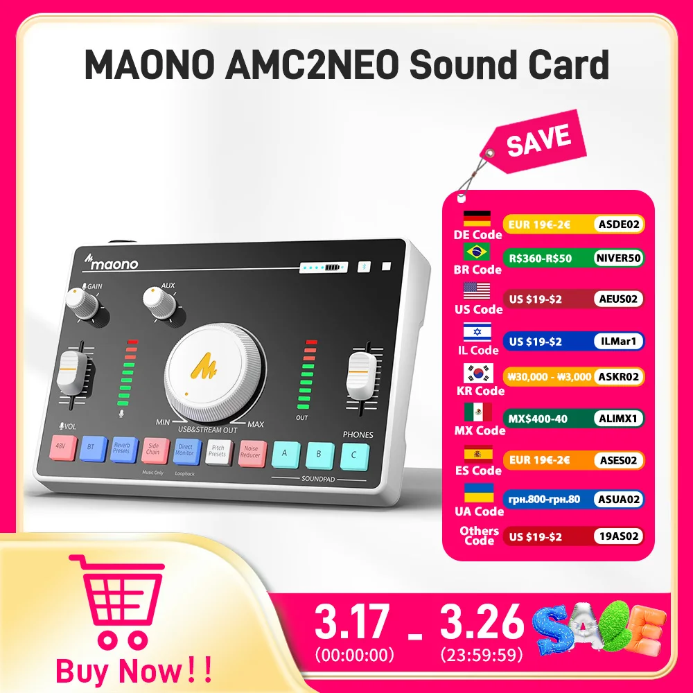 Maono AMC2 Neo Professional Sound Card Audio Interface Mixer With 48V Phantom Power For Smart Phone,PC,Live Streaming,Recording