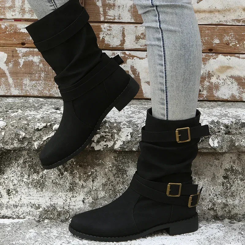 Large Mid Length Retro Boots for Women, 2024 Autumn and Winter New Item, Solid Color Fashion Boots, Buckle Casual Knight Boots