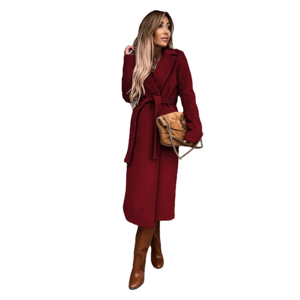 

Women's Pure Color Lapel Long-Sleeved Woolen Jacket Autumn Winter Simple Strap Windbreaker European American Style