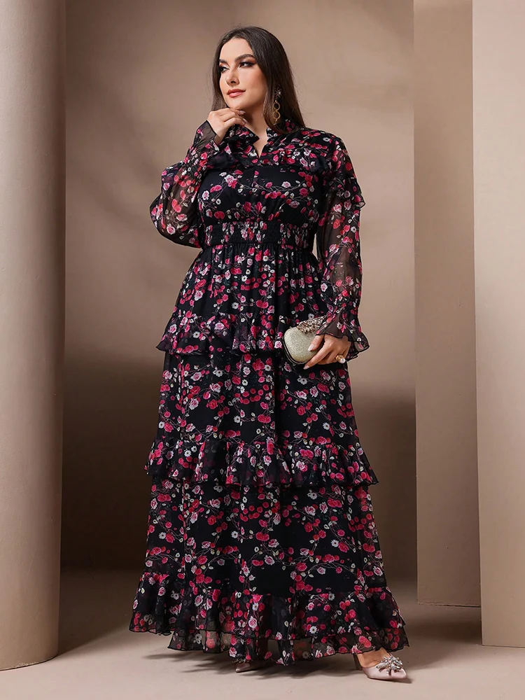 TOLEEN-Robe élégante à manches évasées en maille à imprimé floral pour femmes, robes longues décontractées à col en V, printemps, été, grande taille, nouveau 2024