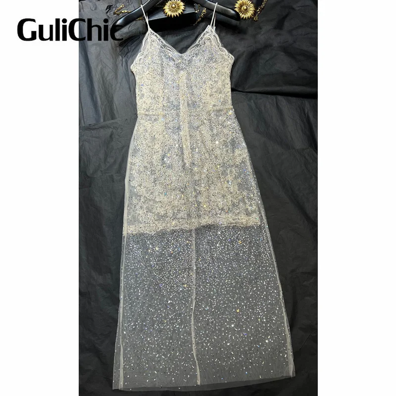 3.29 Elegant Spaghetti Strap Slim Dress Heavy Industry Diamond Mesh Embroidery Glitter Prom Dress For Women Evening Gowns