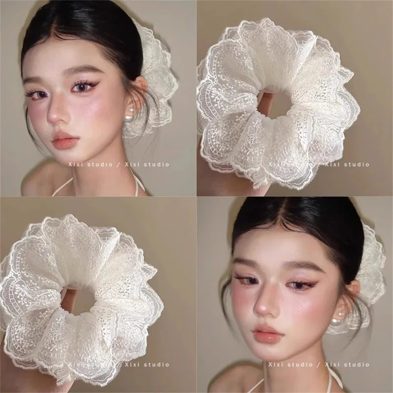 

Korean White Lace Scrunchies Early Spring New Elegant French Style Hair Ties for Women Bun Ponytail Holder Sweet Daily
