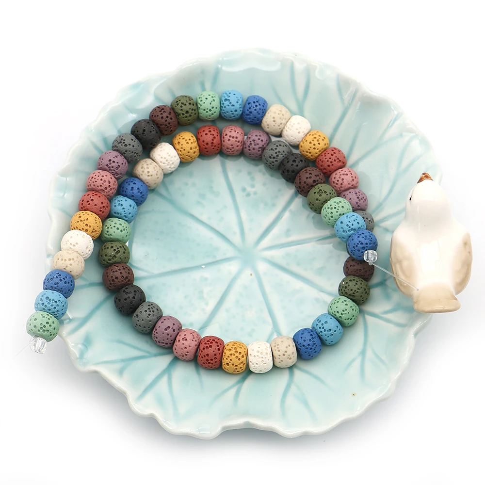

Flat Round Shape Natural Volcanic Rock Beads Mix-color Semi-precious Stone Center Perforation Loose Bead Accessory 1 Strand/pack